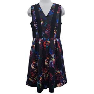 Ellen Tracy Floral Print Office Party Casul A-Line Dress Black Multi Size 14 NWT